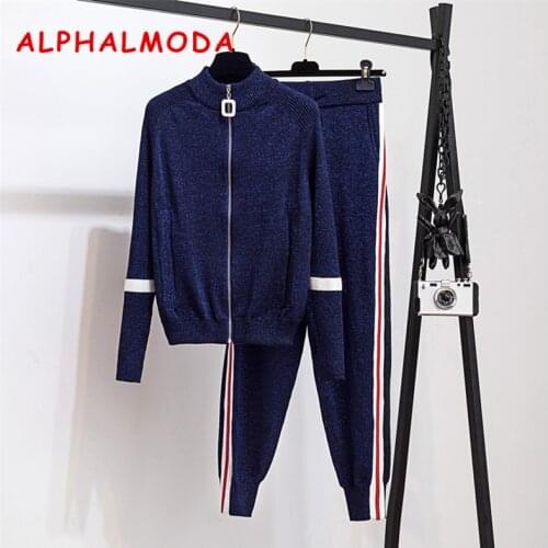 ALPHALMODA 2019 Autumn New Sparkling Knit Tracksuits Color Striped Zipper Cardigans Women Fashion Trendy Knitting 2pcs Set