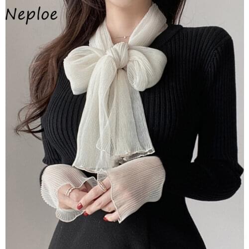 Neploe French Style Ladies Knitted Tops Mujer 2021 New Autumn Bowknot Silk Scarf Sweaters Women Strip Stitch Cuff Knit Pullovers