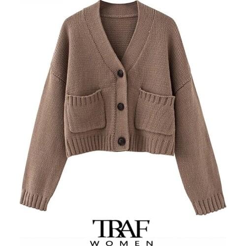 TRAF Za Women Fashion With Pockets Oversized Crop Knit Cardigan Sweater Vintage Long Sleeve Female Outerwear Chic Tops
