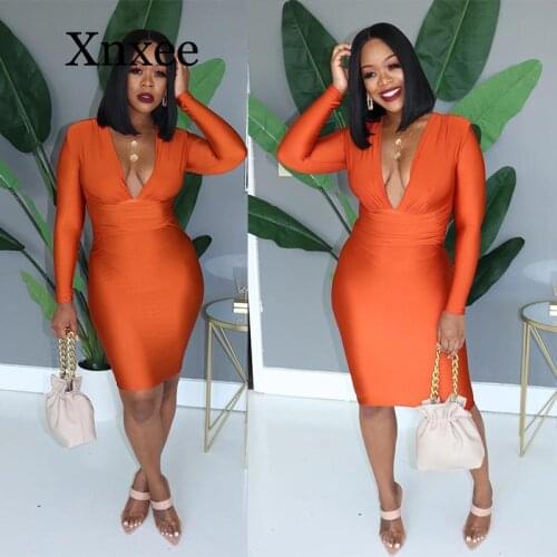Orange 2020 New Spring Summer Slim Dress Women V-Neck Long Sleeve Solid Color Sexy Bandage Night Club Party Sheath Mini Dresses