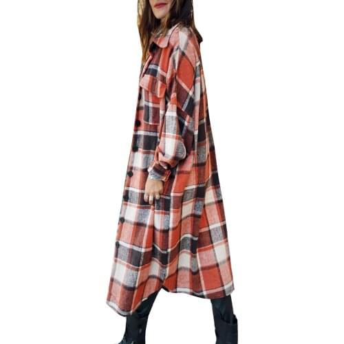 2021 New Style Female Overcoat Autumn Long Shirts Jackets Plaid Turn-Down Collar Long Sleeve Woolen Coat for Women