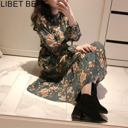 2021 New Women Summer Dresses Casual Vintage Chiffon Print Floral High Waist Fashionable Trumpet Pagoda Sleeve Long Dress DR218
