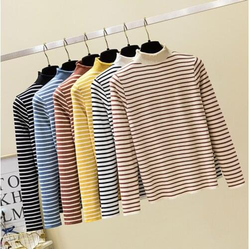 2021 Women Long Sleeve Turtleneck Knitted Basic Ruffles Sweater Shirt Lady Elastic Slim Striped Tight Pullover Chic Blouse Tops