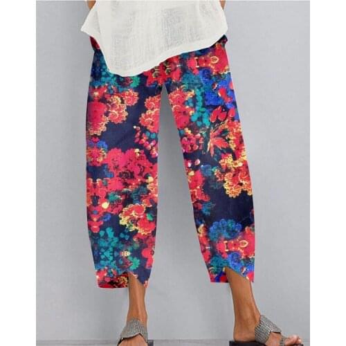 Cotton Linen Wide Leg Pantalon Harem Pants Plus Size 2021 Elastic Waist Long Trousers Women Vintage Floral Printed Female Pants