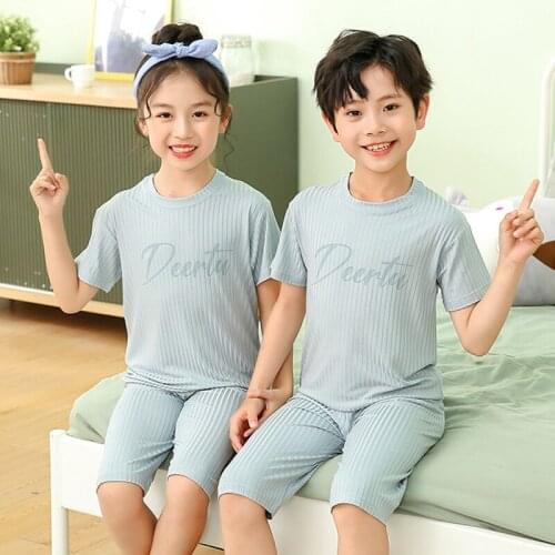 Children Clothes Thin Kids Pajama Set For Baby Boys Cotton Girl Solid T-shirt Pant Outfits Child Sleepwear Tracksuits Blue Wear