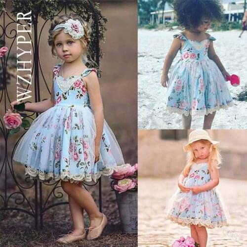 Kids Baby Girls Summer Sleevless Princess Dresses Tutu Lace Pink Printed Toddler Dance Dress Blue White Clothes