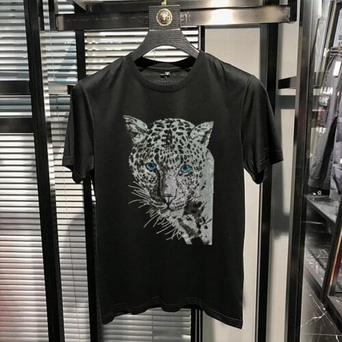 European New Summer Hot Diamond T-Shirt Mens Leopard Shiny Cotton High-Quality Rhinestone Short Sleeves