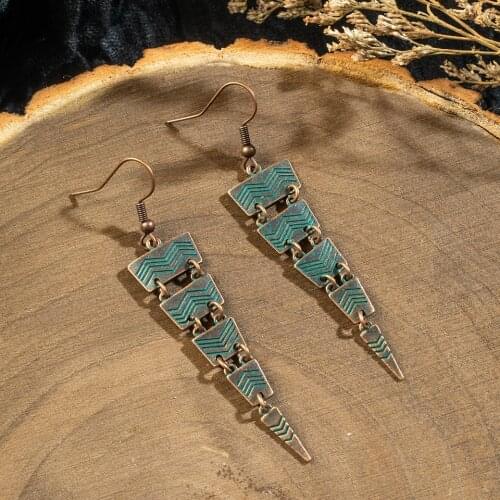 EXYNLON Charming Elegant Triangle With Lines Antique Copper Green Long Dangling 2019 Fashion For Women Accessories Earrings