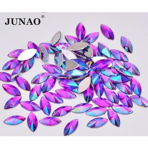 JUNAO 7*15mm Purple AB Crystals Flat Back Rhinestone Applique Horse Eye Acrylic Strass Crystal Non Sewn Stones for Decoration