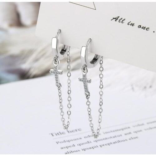 KOFSAC 2021 Trendy 925 Sterling Silver Cross Earrings Women Glamorous Party Jewelry Zircon Long Tassel Earring Simple Lady Gifts