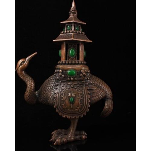 18"Chinese temple collection Old Bronze mosaic Gem Ostrich statue Stupa type incense burner Gossip Incense Ornaments Town House