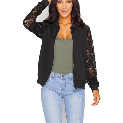 Lace Sleeve Women Basic Coats Long Sleeve Lace Patchwork Transparent Zipper Casual Slim Jacket Coat Bomber Jacket Outwear