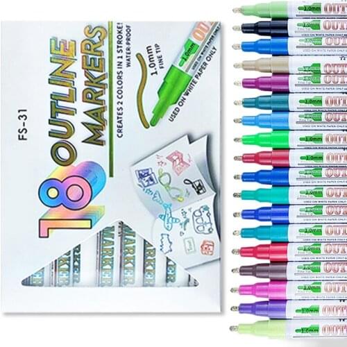 L5YD 18 Colors Epoxy Resin Magic Shimmer Paint Drawing Pen Double Line Outline Marker Highlights Metallic Permanent Markers