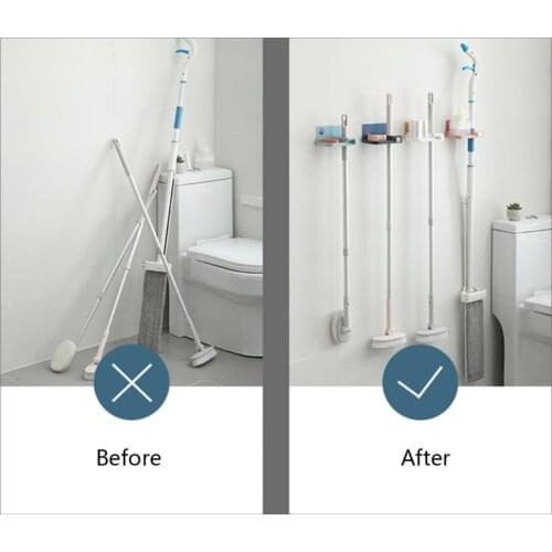 667A Multifunctional 3 In 1 Wall Mounted Mop Clip with Shelf Hook Self Adhesive Hanging Rack Broom Holder Home Kitchen Organizer