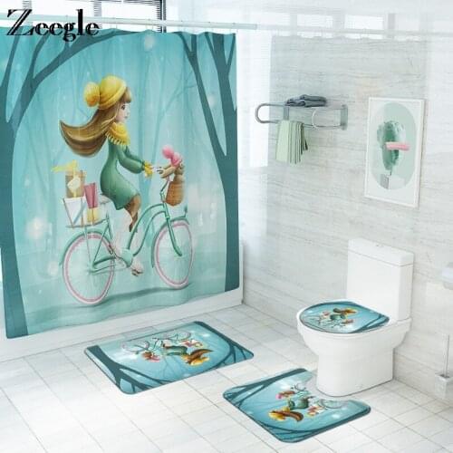 Cartoon Printed Bath Mat Set Bathroom Decor Shower Curtain Non-Slip Bath Rugs ​Toilet Lid Cover Mat Bath Mat Set Bathroom Rug Se