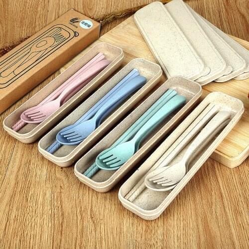 Cutlery set wheat straw children portable three-piece spoon and fork chopsticks promotion small gift
