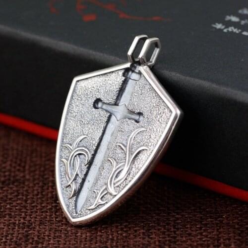 Real S925 Thai silver retro craft mens fashion sword shield shape mens pendant