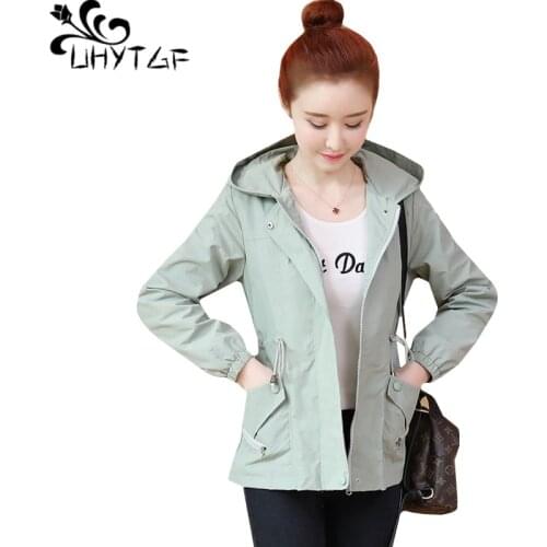UHYTGF New hooded women spring autumn jacket Casual Loose short windbreaker outerwear zipper Slim Lady wild Plus size jacket 290