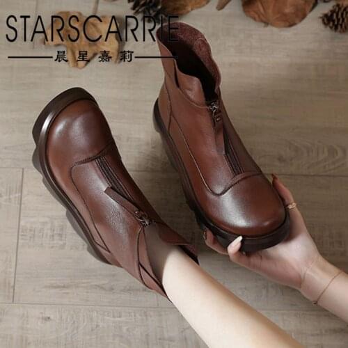 2021 autumn new leather retro womens short boots fashion mother handmade womens shoes platform sole platform riding boots