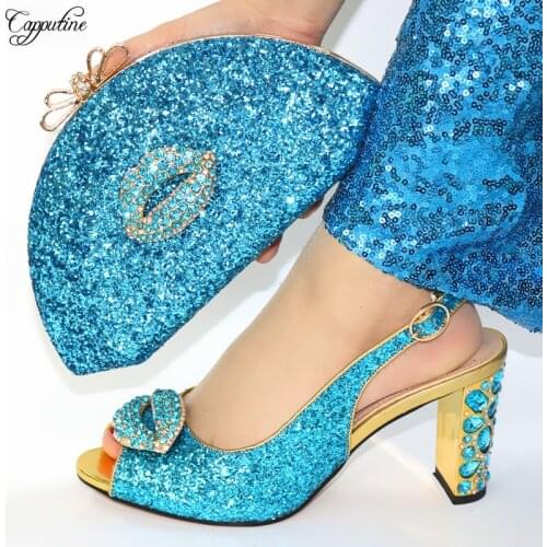 Popular Sky Blue Party Shoes With Bag High Heel Womens Shoes And Purse Handbag Set VC109 Heel Height 9CM