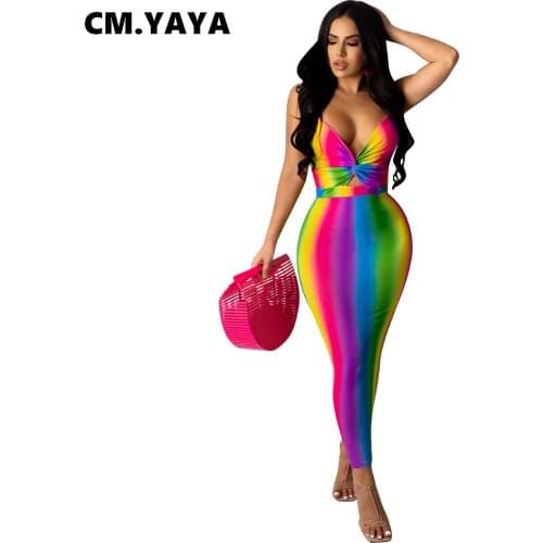 CM.YAYA 2021 Women Long Dress Tie Dye Print Strap Elastic Maxi Dresses Sexy Night Club Party Vestidos Summer V-neck Outfit