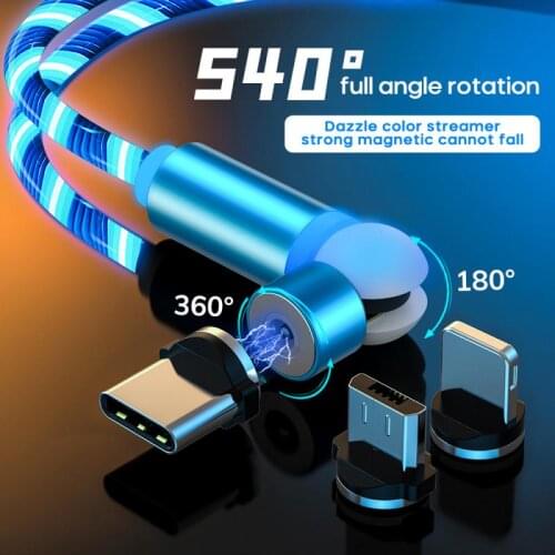 1M Magnetic Charging Mobile Phone Cable USB C Type C Flow Luminous Lighting Data Wire For iPhone Samsung Huawei LED Micro Cable