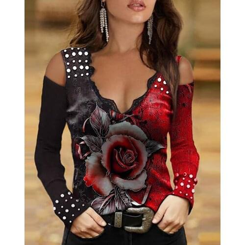 Cold Print Floral / Studded Print V Neck Top Cold Shoulder Studded Floral Print Top