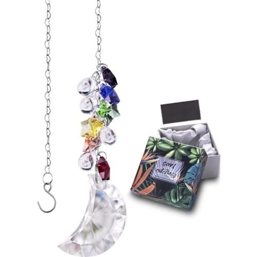 H&D Crystal Moon Prism Suncatcher Rainbow Maker Window Hanging Ornament with Colors Star Beads Chakra Charms For Car Home Decor
