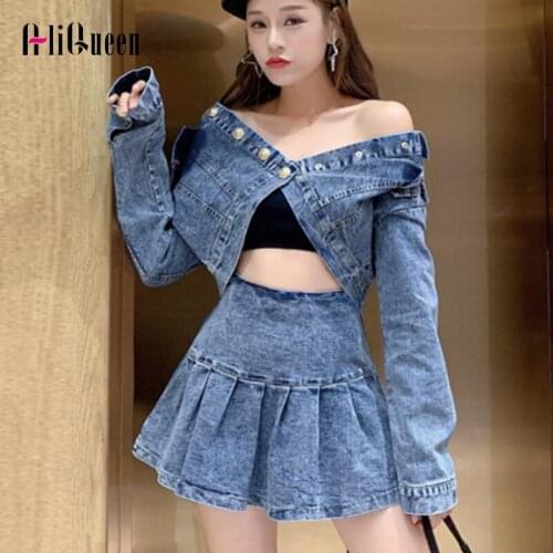 Spring Sexy 2 Piece Sets Women Retro Single Breasted Denim Jacket Short Coat + Pleated Mini Skirt Sets casual Denim Suit Outfits