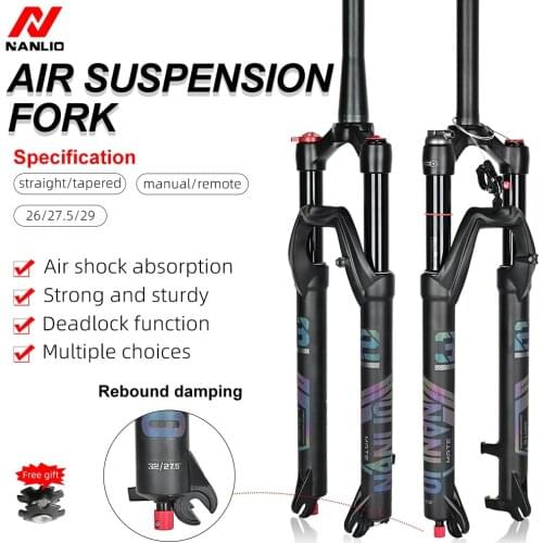 NANLIO MATE Bicycle Fork Solo Air with Rebound Adjustment MTB Bike Front Suspension 26/27.5/29er Straight/Tapered RL/LO QR Forks