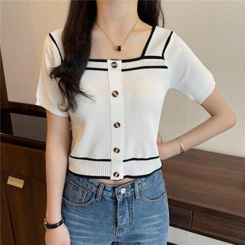 Vintage Short Sleeve Square Collar Knitted T-shirts With Decorated Buttons Girls Patchwork Crop Tops Thin Knitwear For Women