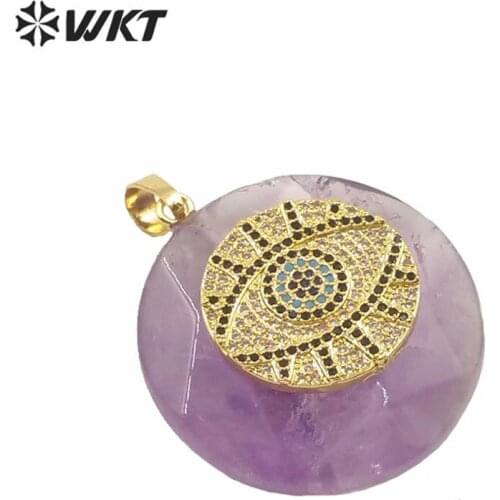 WT-P1556 Pink And Purple Stone With Micropave Evil Eye Quartz Pendants High Quality Round Shape Pendant For Necklace