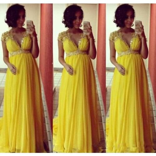 Bright Yellow Short Sleeves Chiffon Long Evening Dresses For Pregnant Maternity Women Formal Prom Gowns Empire Beads Crystal