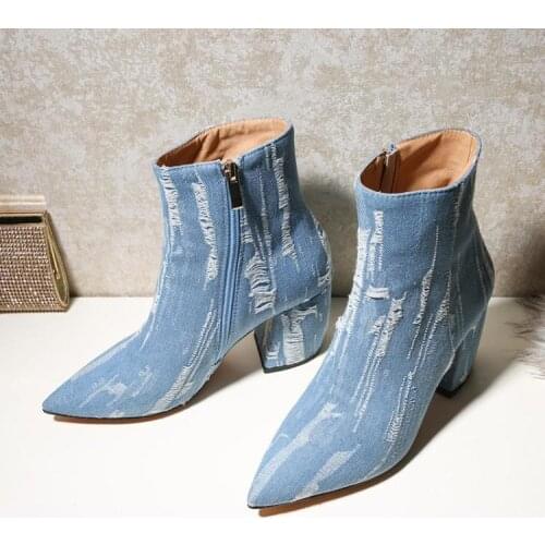 US4-11 Womens Pointed Toe Denim Jeans Ankle Boots Side Zip Chunky Block High Heel Ripped Shoes Plus Size C390