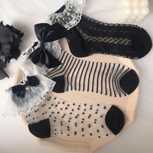 Women Girls Sweet Ruffle Lace Ankle Socks Sheer Mesh Glass Fiber Bow Vintage Lolita Princess Thin Cool Anklet Hosiery