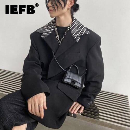 IEFB Stripe Shirt Collar Stitching Fashion Patchwork High Quality Single Breasted Silhouette Shoulder Pad Black Suit Coat 9D0298