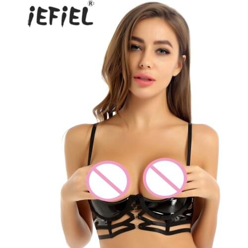 Womens Femme Leather Wet Look Hallow Out Bra Tops Adjustable Straps Open Cup Sexy Lingerie Strappy Underwired Erotic Bustier Top