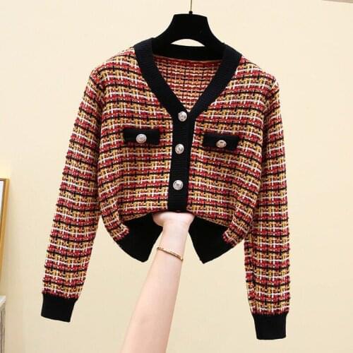 Button Sweaters cardigan women up v-neck casual autumn winter long sleeve plaid clothes Korean stlye knitted jackets tops femme