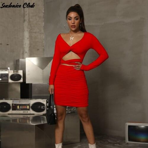 2021 Spring Solid Color Sexy V-neck Hollow Dress European and American Sexy Tight-fitting Pleated Dress for Women