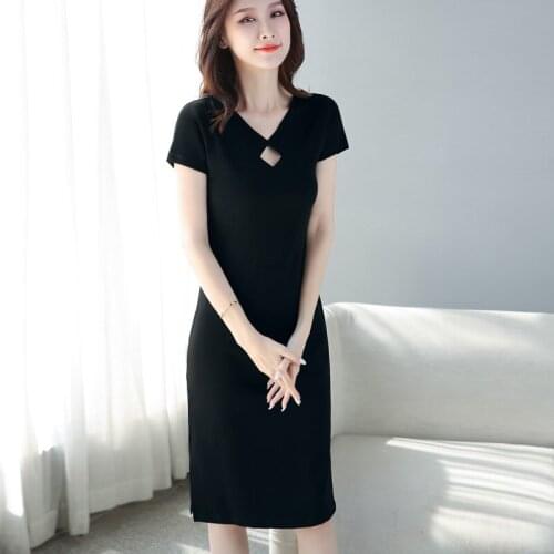 Woman Cotton Soft Dress Half sleeve V- Neck Solid color All match Casual Elastic Lady office dress