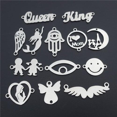 Stainless Steel Connectors Evil Eye Mermaid Virgin Mary King Queen Angel Wing Lover Charms DiyJewelry Finding Component 5pcs lot