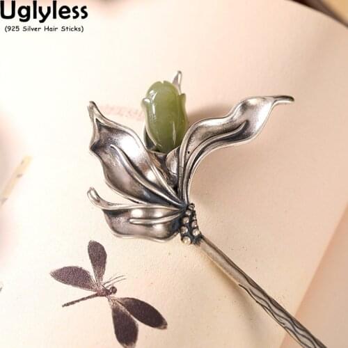 Uglyless Han Chinese Clothing Dress Eastern Hair Sticks for Women Nature Jade Flower Hair Forks Solid 925 Silver Hair Decoration