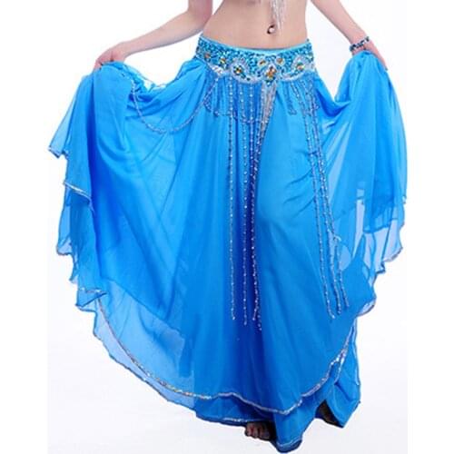 More Colors Oriental Belly Dance Long Side Split Elastic Waist Silver Sequin Trimming Chiffon Skirts for Belly Dancing