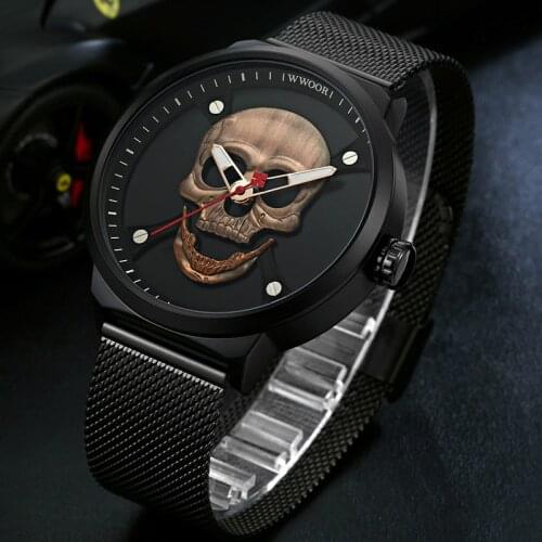 WWOOR Creative Men Watch Top Brand Luxury Skull Pattern Cool Stylish Watches Man Steel Mesh Strap Quartz Clock Relogio Masculino