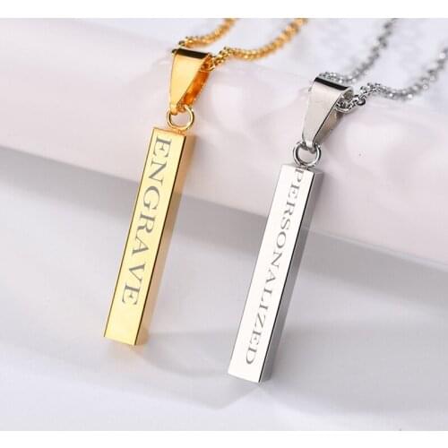 Four Sides Engraving Personalized Square Bar Custom Name Necklace Stainless Steel Pendant Necklace Women/Men Wedding Gift