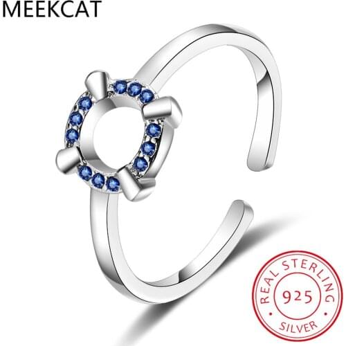 Korean Chic Round Blue Zircon Finger Open Ring for Women Real 925 Sterling Silver Geometric Circle Fine Jewelry