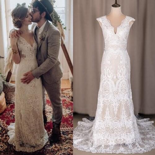 Lace Garden Boho Wedding Dresses 2021 Vintage V Neck Country Rustic Beach Backless Bridal Gown New Arrival CUSTOM MADE #794