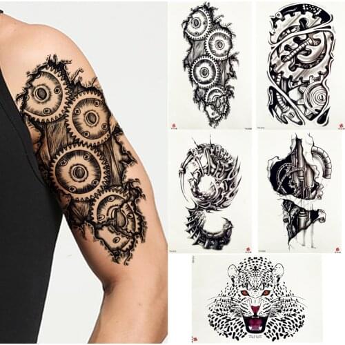 FANRUI Robotic Mechanical Arm Tattoo Temporary Sticker Gear Screw Pencil Sketch Black Tatoo Gap Body Art 3D Fake Tattoos For Men