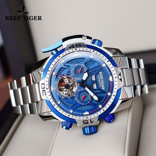 Reef Tiger/RT Men Sport Mechanical Watch Complicated Blue Dial With Year Month Perpetual Calendar Steel Bracelet Watches