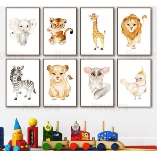 Nordic Poster and Print Wall Art Cartoon Animal Giraffe Zebra Parrot Elephant Lion Tiger Decorative Canvas Painting Wall Picture
